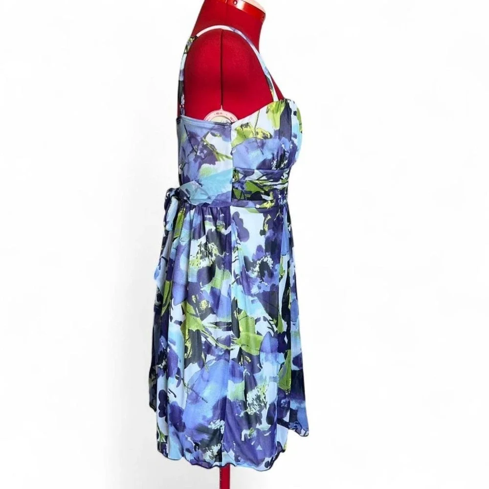 IZ Byer Y2K Purple Blue & Green Watercolor Floral Milkmaid Tie Back Dress Medium